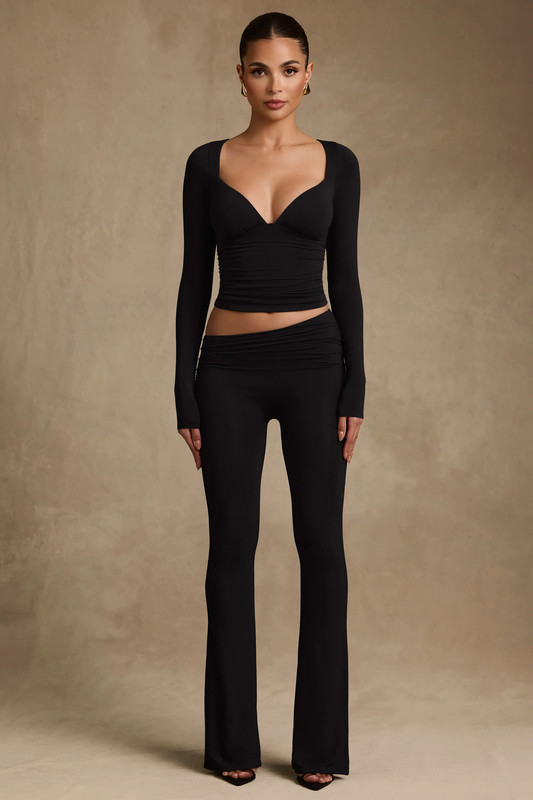 Modal Asymmetric-Waist Flared Trousers in Black - Size:L - Fit:Petite